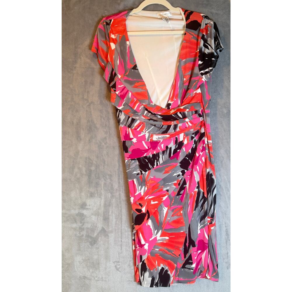 London Style Dress Womens Size 16 Pink Abstract Floral Faux Wrap Ruched Stretch